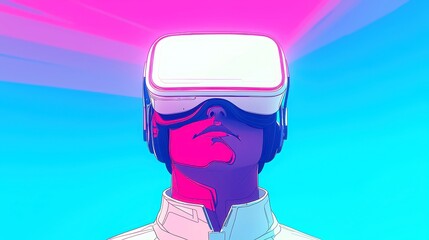 Poster - Virtual Explorer in Cyberspace, male avatar with VR headset navigating a vibrant digital landscape, immersed in a futuristic blue-hued environment, embodying advanced technology and adventure.