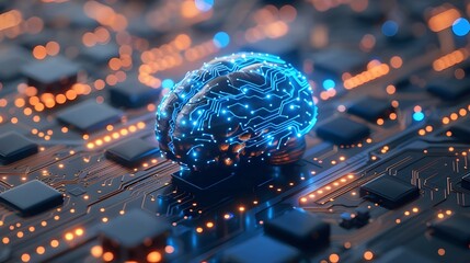 Poster - a digital brain made of glowing blue circuits floating above an intricate circuit board background, 