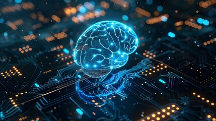 Poster - A digital brain made of glowing blue circuits floating above an intricate circuit board background, symbolizing advanced artificial intelligence technology.
