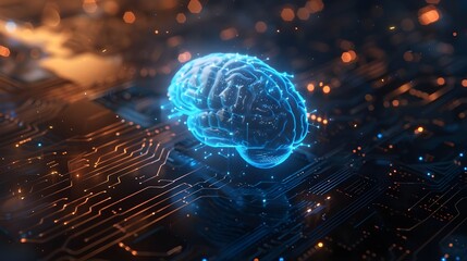 Poster - A blue digital brain floating on top of an intricate circuit board, symbolizing the AI's ability to process information at high speed and precision.