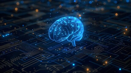 Poster - A blue digital brain floating on top of an intricate circuit board, symbolizing the AI's ability to process information at high speed and precision.