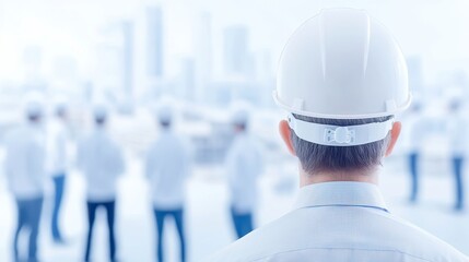 Poster - Male architect in a hard hat overseeing a construction site, engaged in planning and design, surrounded by building materials and machinery, showcasing dedication to urban development.