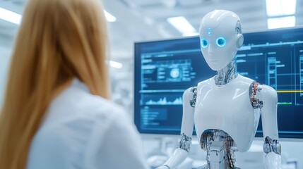 Poster - Collaborative Innovation, a vibrant scene showcasing diverse individuals engaged in teamwork with advanced robots, highlighting synergy between human creativity and technology.