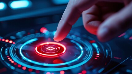 Poster - Futuristic Interface Interaction, an individual engages with an advanced control panel, showcasing innovative technology and user experience in a sleek digital environment.