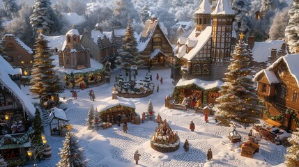 Aufkleber - An aerial view of a quaint Christmas village with snow-covered buildings, decorated trees, and a festive atmosphere. People stroll through the cobbled streets, enjoying the sights and sounds of the ho