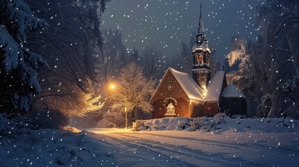 Poster - A snowy night scene with a church building illuminated by streetlights. Snow falls softly over the scene, creating a picturesque winter landscape. The church's steeple towers above the trees lining th