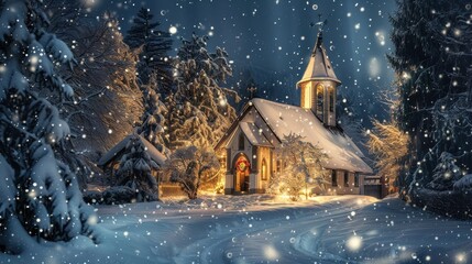 Aufkleber - A small, snow-covered church stands illuminated in a winter forest, with falling snow and soft lights glowing in the windows. The trees are covered in a thick layer of fresh snow, and a path leads tow