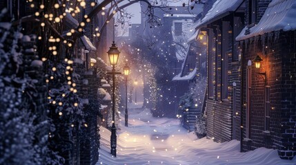 Aufkleber - Snow falls softly onto the cobblestone street, illuminated by the warm glow of street lamps and twinkling Christmas lights. The buildings are covered in a blanket of fresh snow, and the air is crisp a