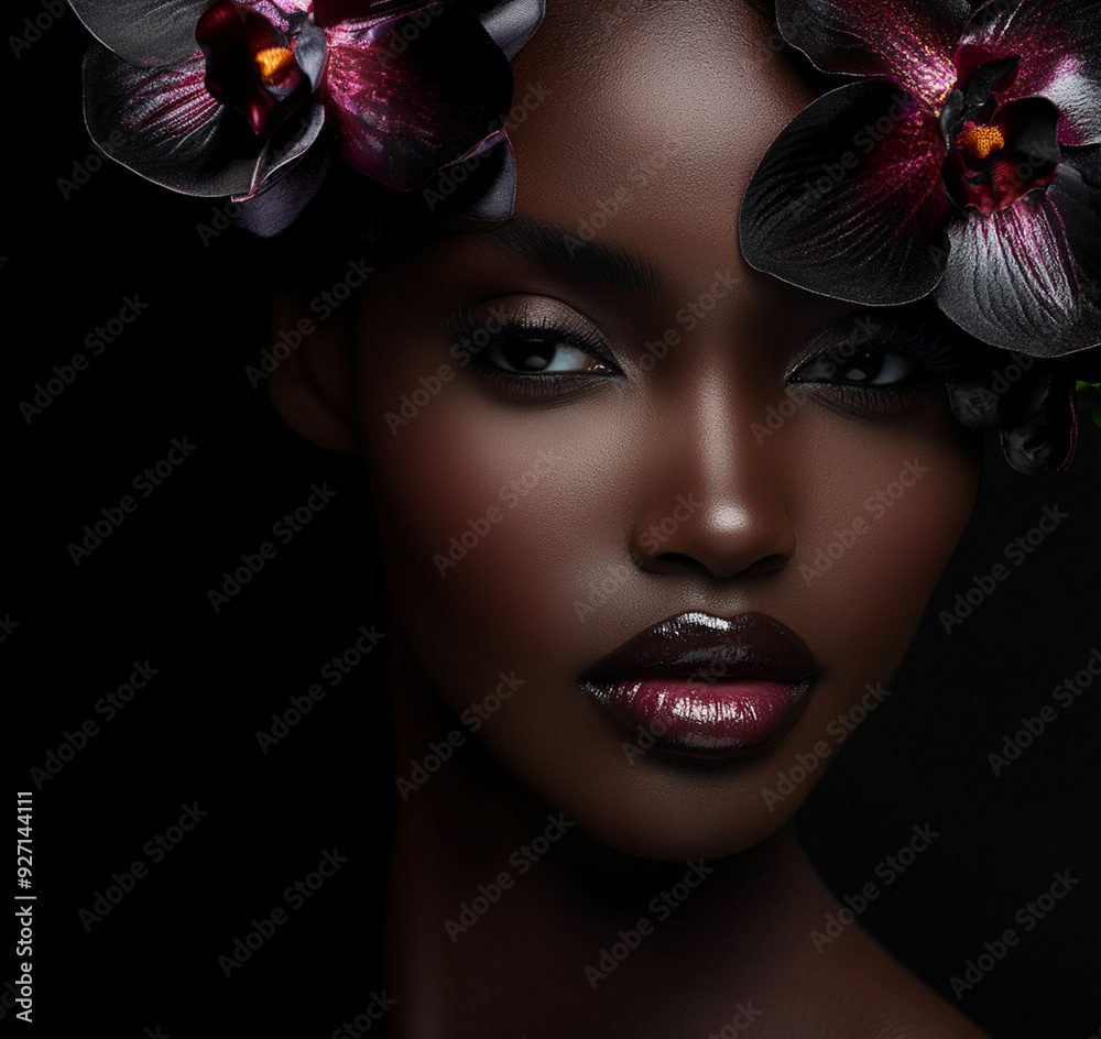 Beautiful young black woman with flowers and petals on her face. Beauty ...