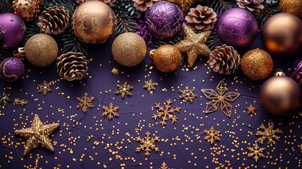 The luxury gold Christmas decorations on a purple background include golden stars, snowflakes, baubles, and confetti for a top view xmas greeting card design.