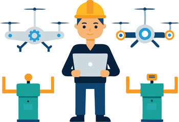 Poster - A technician stands with a laptop, managing drones and digital equipment in a tech-driven environment.