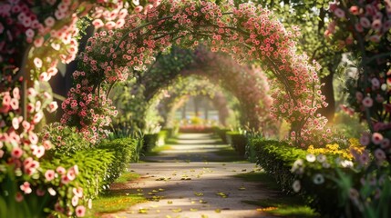 Poster - A path lined with lush greenery and blooming flowers leads to a hidden oasis within a garden. A vibrant archway adorned with delicate pink blossoms creates a welcoming gateway, as sunlight streams thr