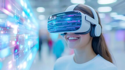 Poster - Virtual Reality Programmer Engaged in Coding Amidst Diverse City Crowd, Enthusiastic Teen Exploring Digital AI Map with Advanced VR Headset