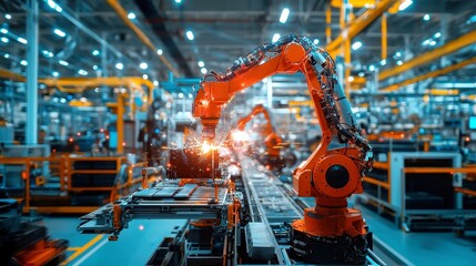 Poster - Automated Conveyor Production, Dynamic 3D timelapse showcasing a robotic arm assembly line efficiently manufacturing cutting-edge electronic devices for the tech industry
