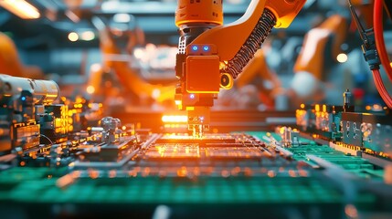 Poster - Automated Robotic Arm Assembly, dynamic timelapse showcasing a high-tech conveyor line producing electronic devices, highlighting advanced manufacturing and AI integration in industry