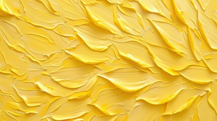 Poster - A close-up photograph of a textured surface covered in thick, yellow acrylic paint. The paint is applied in a series of overlapping strokes, creating a rippling, wave-like pattern.