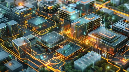 Poster - A digital rendering depicts a futuristic cityscape composed of sleek, metallic buildings connected by glowing circuit boards, resembling a complex computer chip. The buildings are illuminated with vib