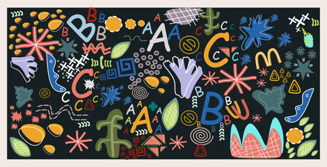 Aufkleber - Collection of bright colored Education theme abstract shapes on a black background. Abstract Doodle doodle with alphabet theme
