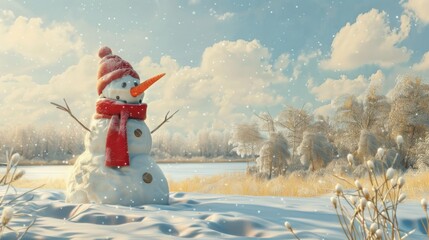 Aufkleber - A snowman wearing a red hat and scarf stands on a snowy field, surrounded by frosted trees and a frozen lake. Soft snowflakes fall from a partly cloudy sky, and sunlight peeks through the clouds, crea
