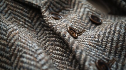 Leinwandbilder - The image shows a close-up of a brown and grey herringbone tweed coat. The fabric is woven with a textured pattern, creating a unique and stylish look. The coat has a double-breasted closure with larg
