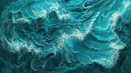 Poster - A close-up image of an abstract artwork depicting ocean waves. The artwork is made with layers of blue and green paint to create a sense of depth and movement. White paint is used to create the foam o
