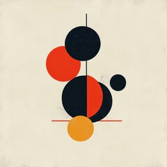 Poster - Abstract geometric design with red, black, and yellow circles on a beige background.