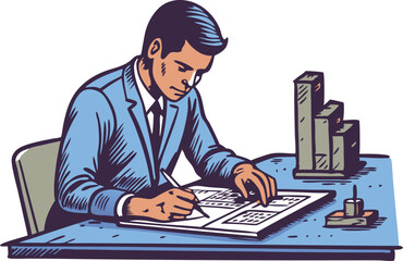Poster - A man in a suit analyzes reports and charts while seated at his office desk.