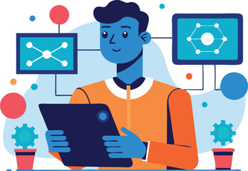 Poster - A young man engages with data visualizations on his tablet in a bright, modern office.