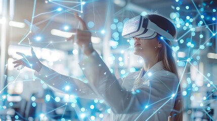 Wall Mural - A woman wearing a virtual reality headset interacts with a digital interface, surrounded by a network of blue lines and glowing points of light.