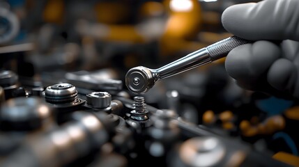 Poster - Technician Fastening Bolt with Torque Wrench in Industrial Setting