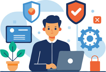 Poster - A person engages with a laptop while surrounded by security icons and a small plant, illustrating a focus on technology.