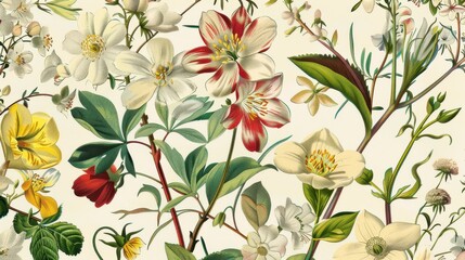 Poster - This is a detailed illustration of various flowers and leaves in a classic style. The image features a variety of flowers, including white, red, and yellow blossoms, with green leaves. The delicate de