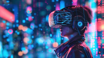 Fototapete - A person wearing a virtual reality headset stands in front of a blurry, futuristic cityscape with bright neon lights. They appear to be immersed in a virtual world, with the headset displaying a digit