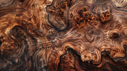 Poster - A close-up view of a wood surface reveals intricate patterns of grain, showcasing the natural beauty and texture of the material. The grain swirls and curves in an abstract design, displaying rich hue