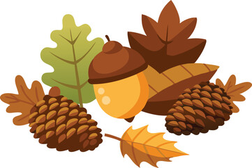 Wall Mural - Colorful collection of pinecones, acorns, and autumn leaves arranged together