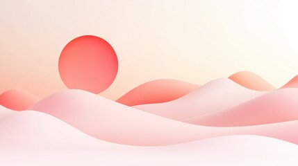 Fototapete - Abstract minimalistic landscape with flowing pink and red hills and a red sun on a light background, blending softness and serenity.