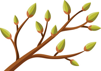 Wall Mural - A tree branch displays fresh buds and green leaves in a colorful vector design.