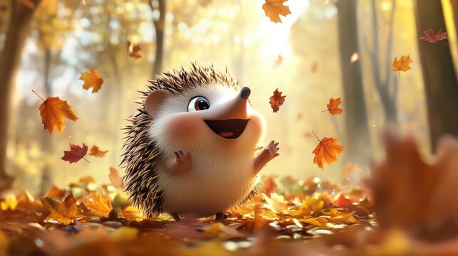 A lively 3D vector of a happy little hedgehog, rolling through autumn leaves in a whimsical