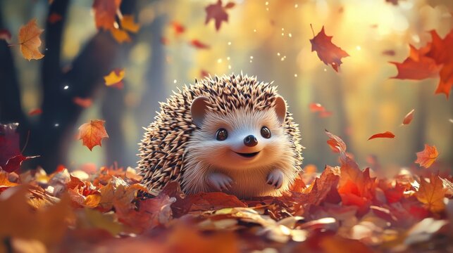 A lively 3D vector of a happy little hedgehog, rolling through autumn leaves in a whimsical