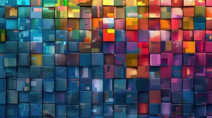 Aufkleber - A digital illustration of a wall of colorful, 3D squares arranged in a repeating pattern. The squares are all different colors, and they are arranged in a way that creates a sense of depth and movemen