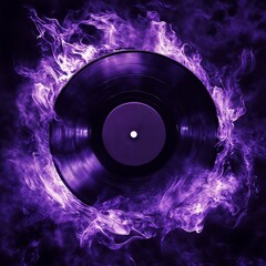 A vibrant purple record is completely surrounded by bright purple flames