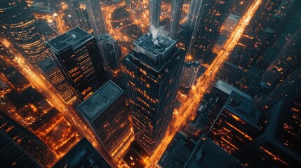 Aerial view of a city skyline at dusk, with towering skyscrapers bathed in golden light and roads lit up by car headlights