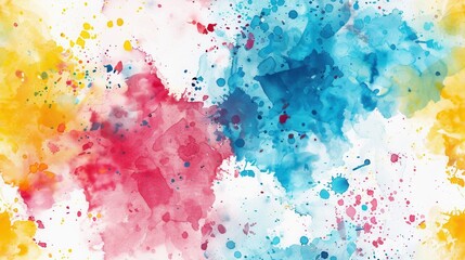 Wall Mural - A close-up shot of an abstract watercolor painting featuring vibrant splashes of red, blue, and yellow on a white background. The colors blend and overlap, creating a dynamic and energetic composition