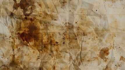 Poster - A close-up view of a sheet of brown paper that has been crumpled and folded, leaving behind wrinkles and creases. The paper has several brown stains, some larger than others, that appear to be from a 