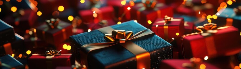 Close-up of a blue gift box with a gold bow, surrounded by red gift boxes and bokeh lights.