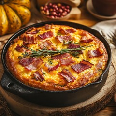 Canvas Print - Baked cornbread with bacon and rosemary in a cast iron skillet.