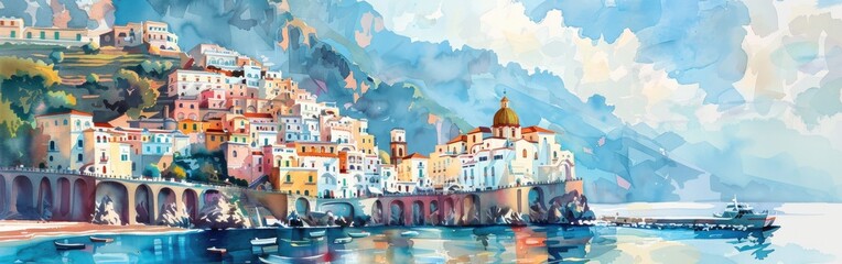 Aufkleber - A watercolor painting depicts a colorful Italian coastal town with a blue sky and white clouds. The town is built on a cliff overlooking the sea, and there are boats in the water. The town is painted 