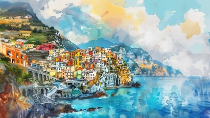 Aufkleber - A watercolor painting depicts a picturesque Italian village nestled on a cliffside overlooking the ocean. The village is painted in vibrant colors, with colorful houses and buildings lining the hillsi