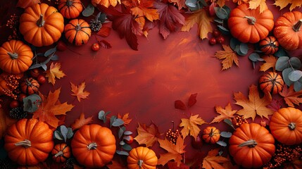 Wall Mural - An autumn seasonal background featuring fallen maple leaves and pumpkins on a red background, evoking the essence of the season.