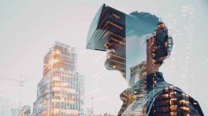 Aufkleber - A man wearing a virtual reality headset stands in front of a cityscape, the image overlaid with a double exposure effect, creating a surreal and futuristic atmosphere.